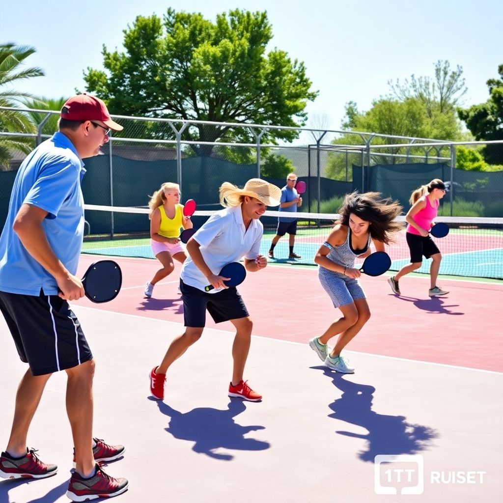 Diverse players practicing pickleball drills on a sunny court.