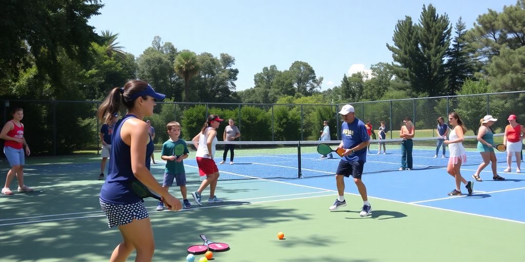 Players practicing pickleball at a sunny camp.