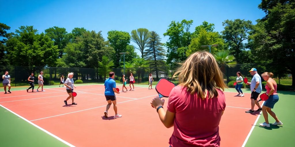 Players enjoying a game of pickleball on a sunny court.