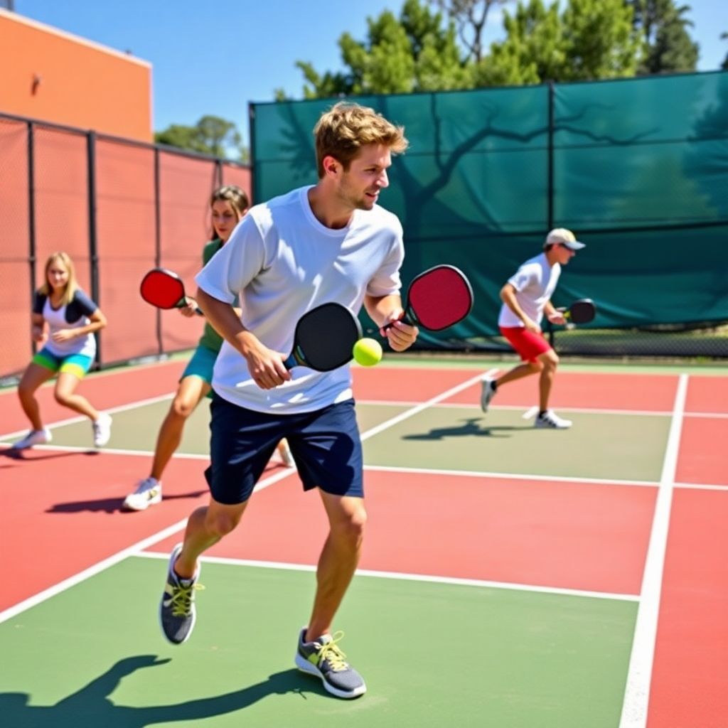 Players actively engaging in a competitive pickleball match.