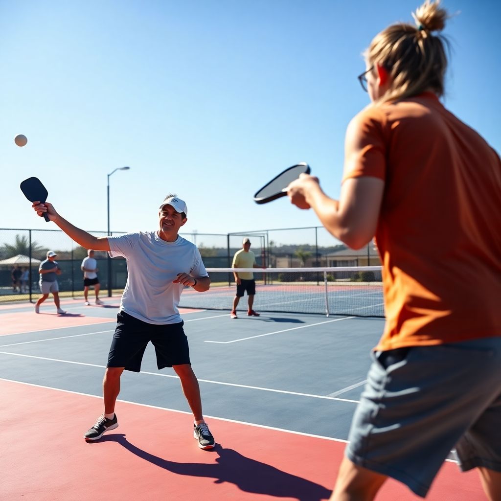 Two players in action on a colorful pickleball court.