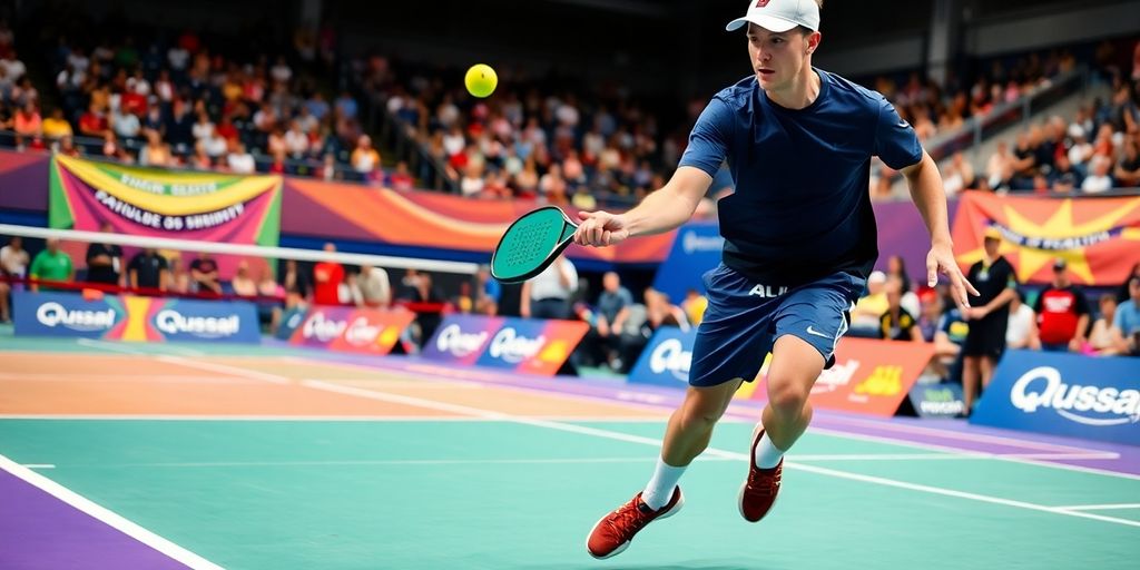 Professional pickleball player hitting the ball in action.