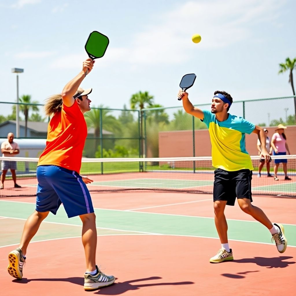 Two pickleball players in action on a sunny court.