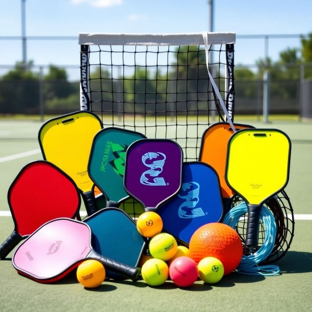 Colorful pickleball gear on a sunny court.