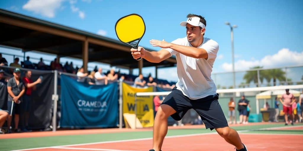 Player hitting a pickleball shot around the post.