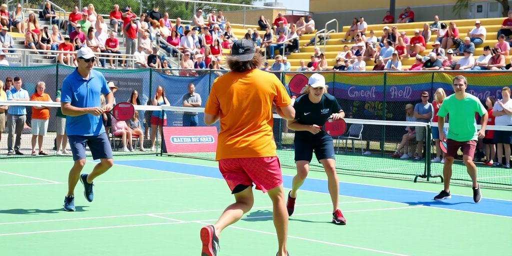 Players actively competing in a pickleball match.