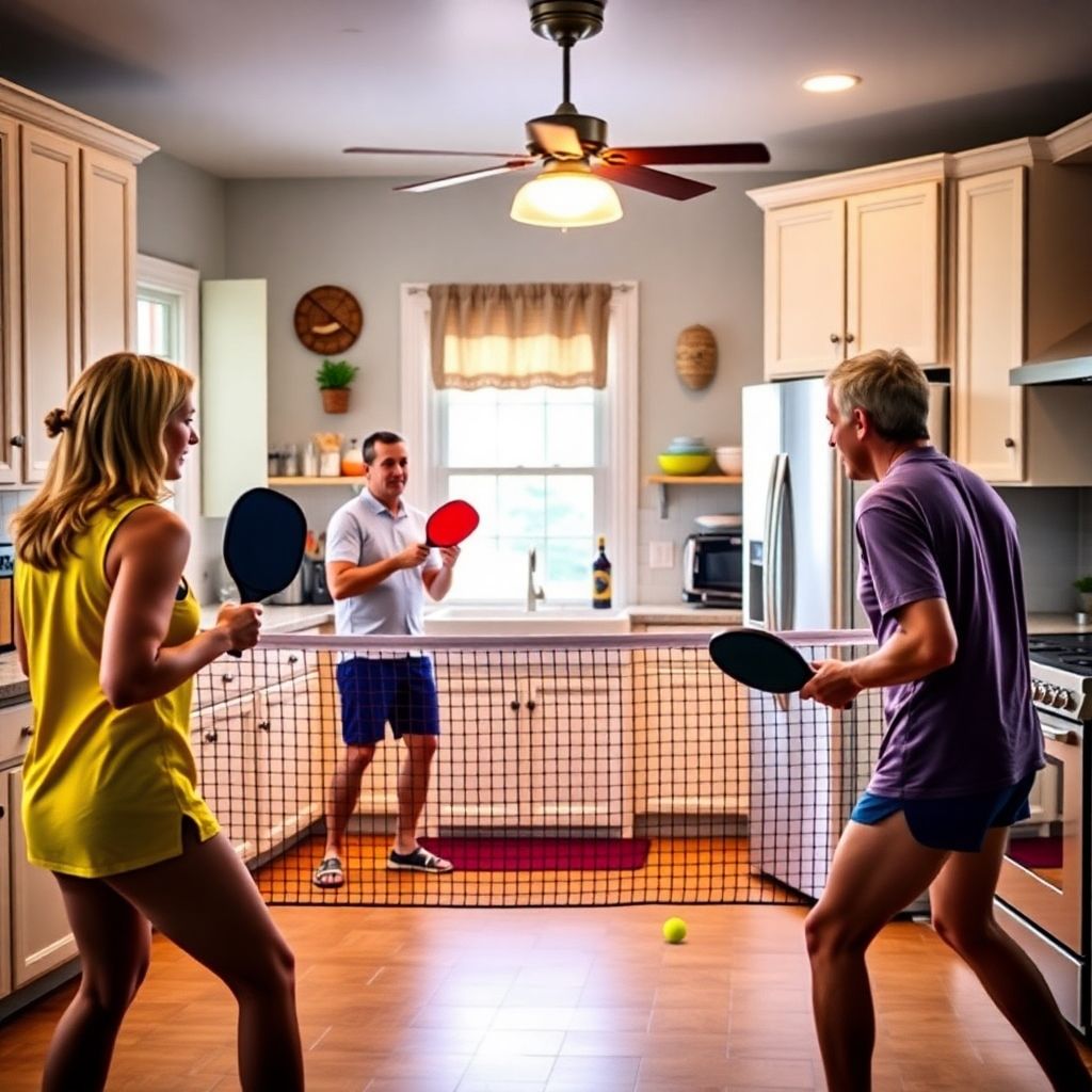 Players practicing pickleball rules in a kitchen setting.