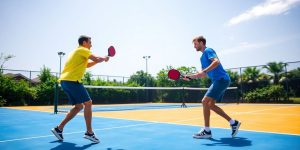 Two players competing in a singles pickleball match.