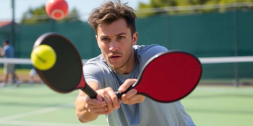 Player performing a pickleball serve on the court.