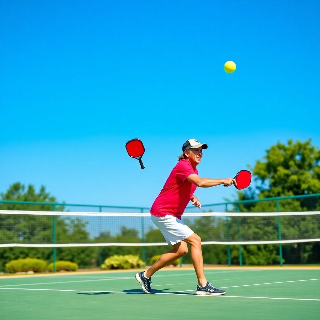 Two players competing in a pickleball match on court.