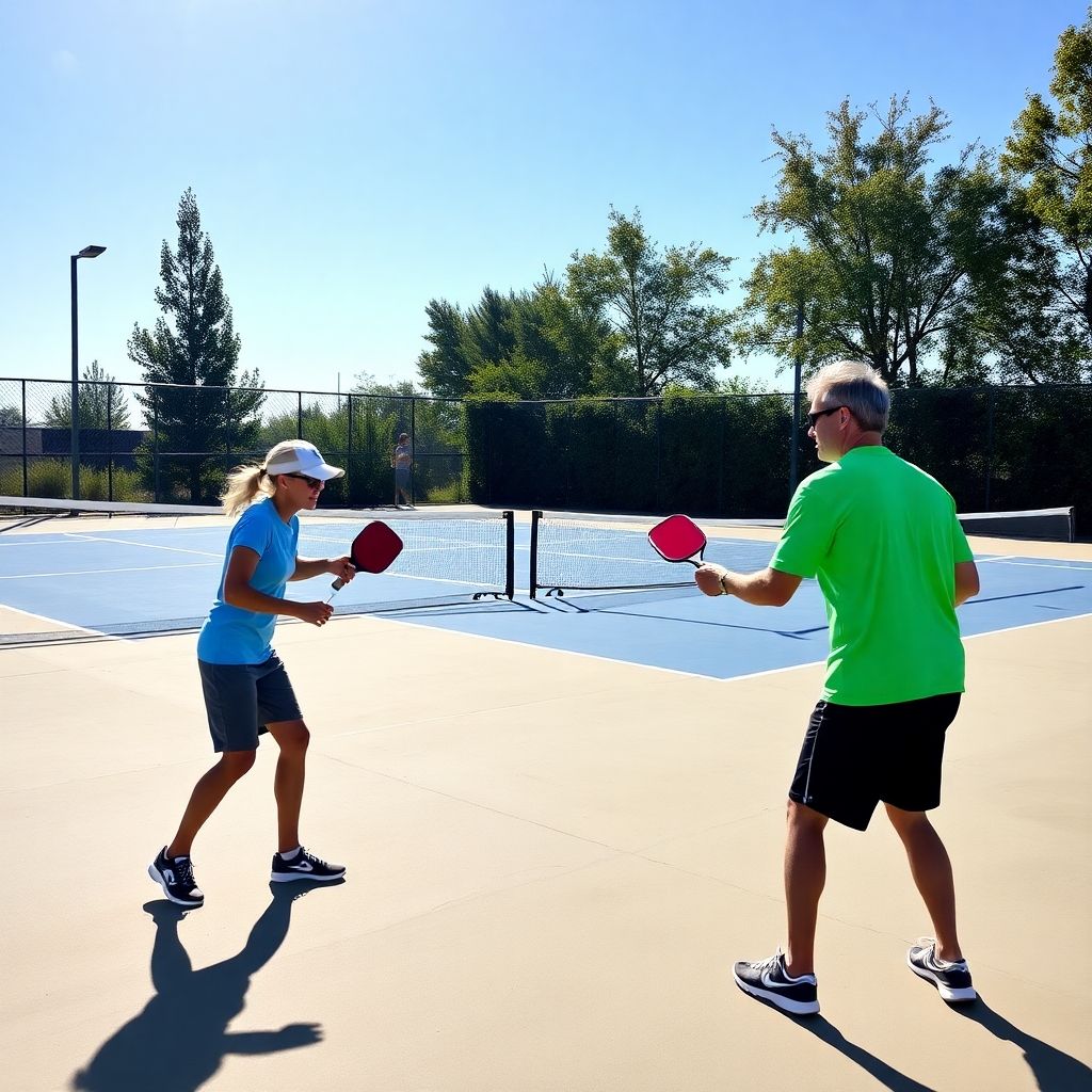 Two players competing in a singles pickleball match.