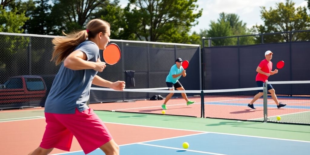 Players competing in pickleball with strategic stacking techniques.