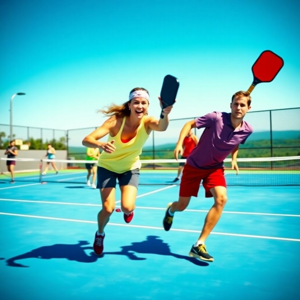 Pickleball players in action on a sunny court.