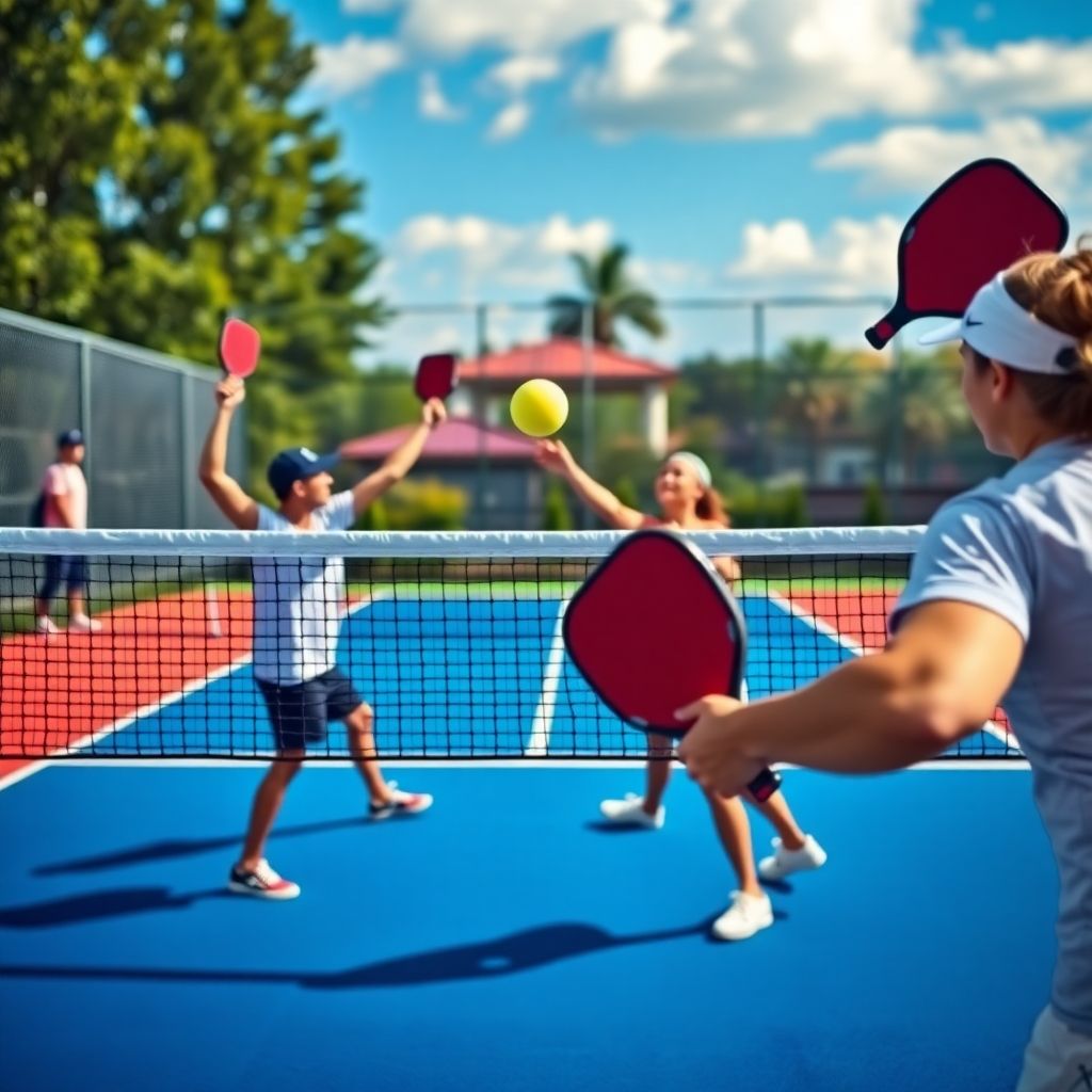 Players engaging in intense pickleball action at the net.