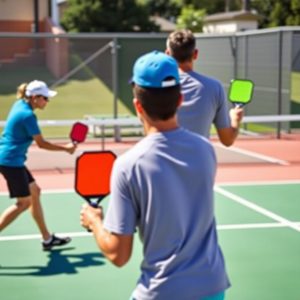 Players performing different pickleball shots on court.