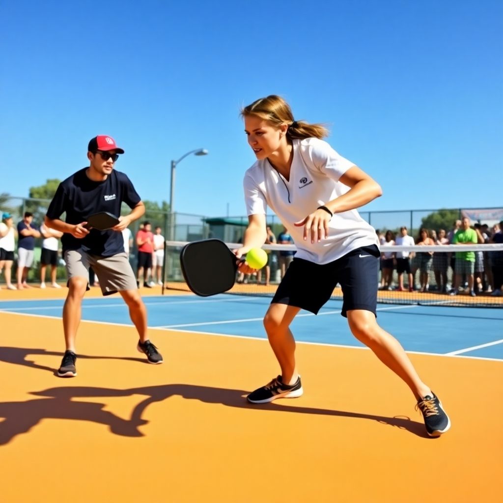 Two pickleball players competing on a sunny court.