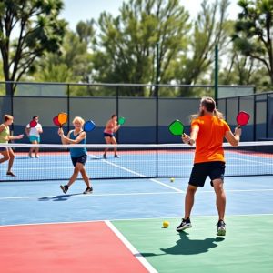 Players competing on a colorful pickleball court.