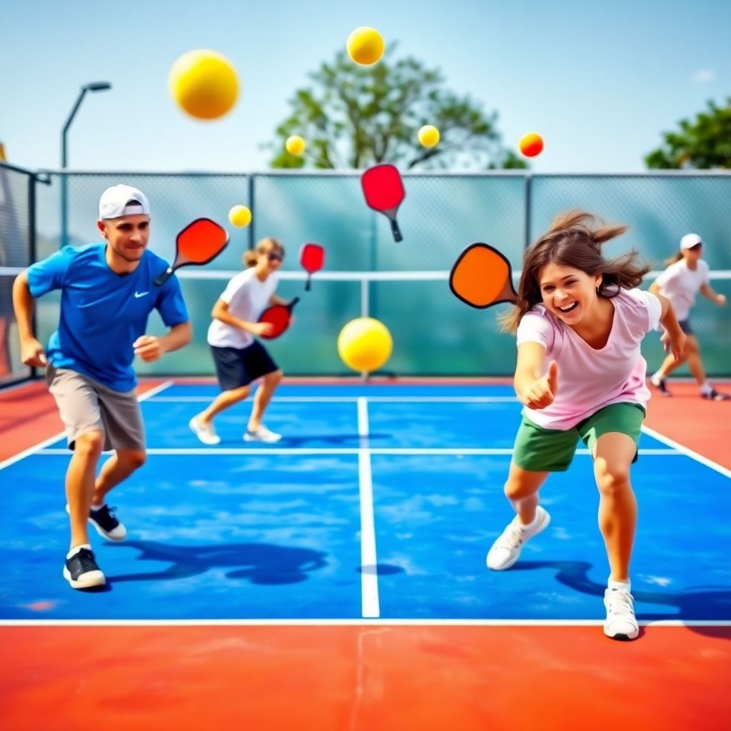 Players executing diverse pickleball shots on a colorful court.