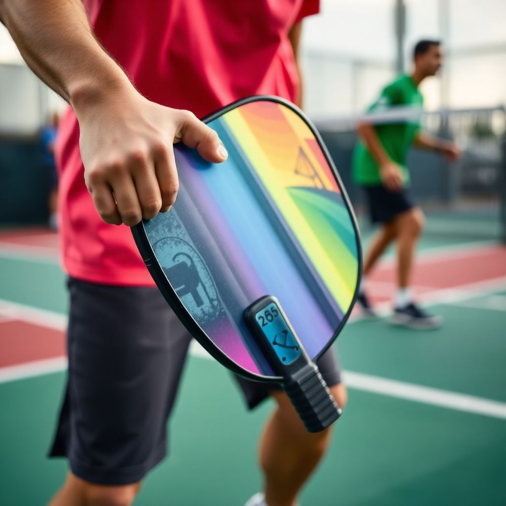 Player holding a colorful pickleball paddle on the court.