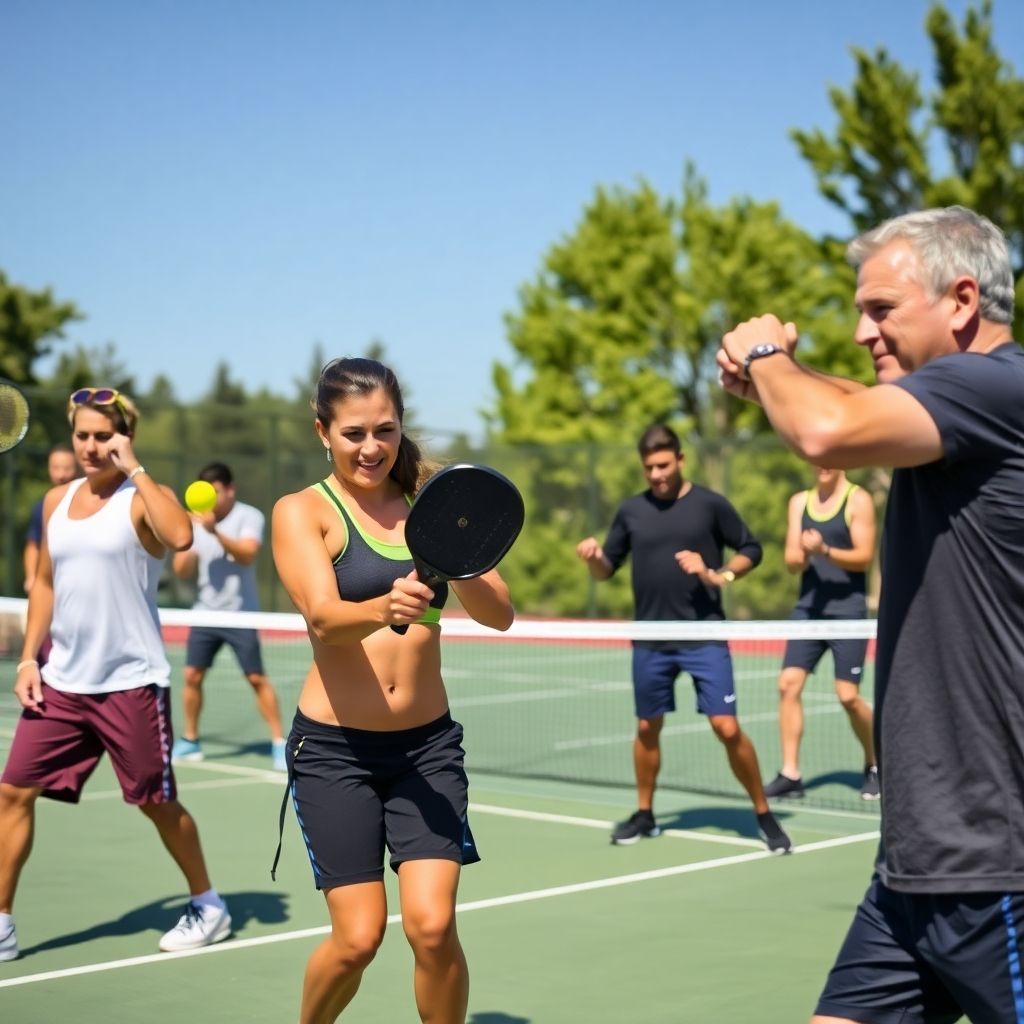 Athletes training with weights on a pickleball court.