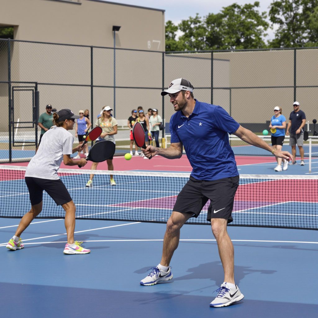 Players enjoying an energetic game of pickleball on court.