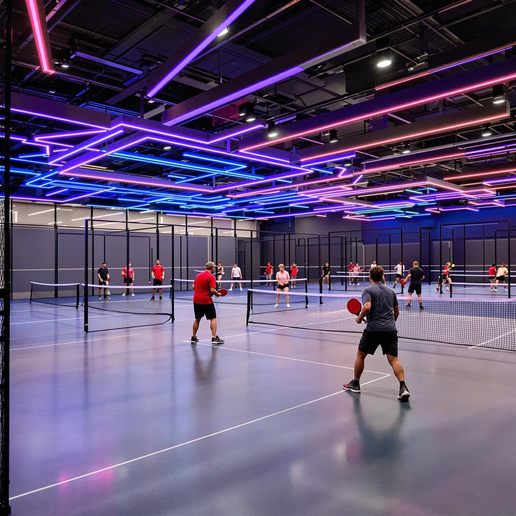 Indoor pickleball court with players and vibrant lighting.