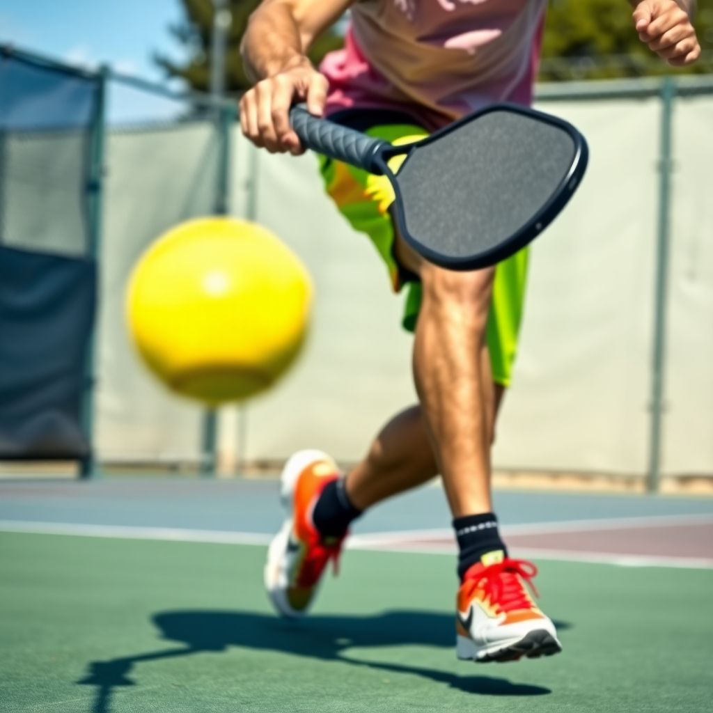 Pickleball player hitting a ball with a paddle.