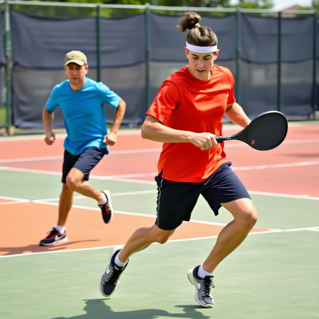 Athletes displaying footwork while playing pickleball on court.