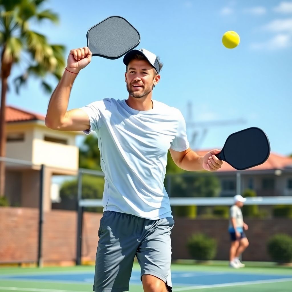 Pickleball player serving on an outdoor court.