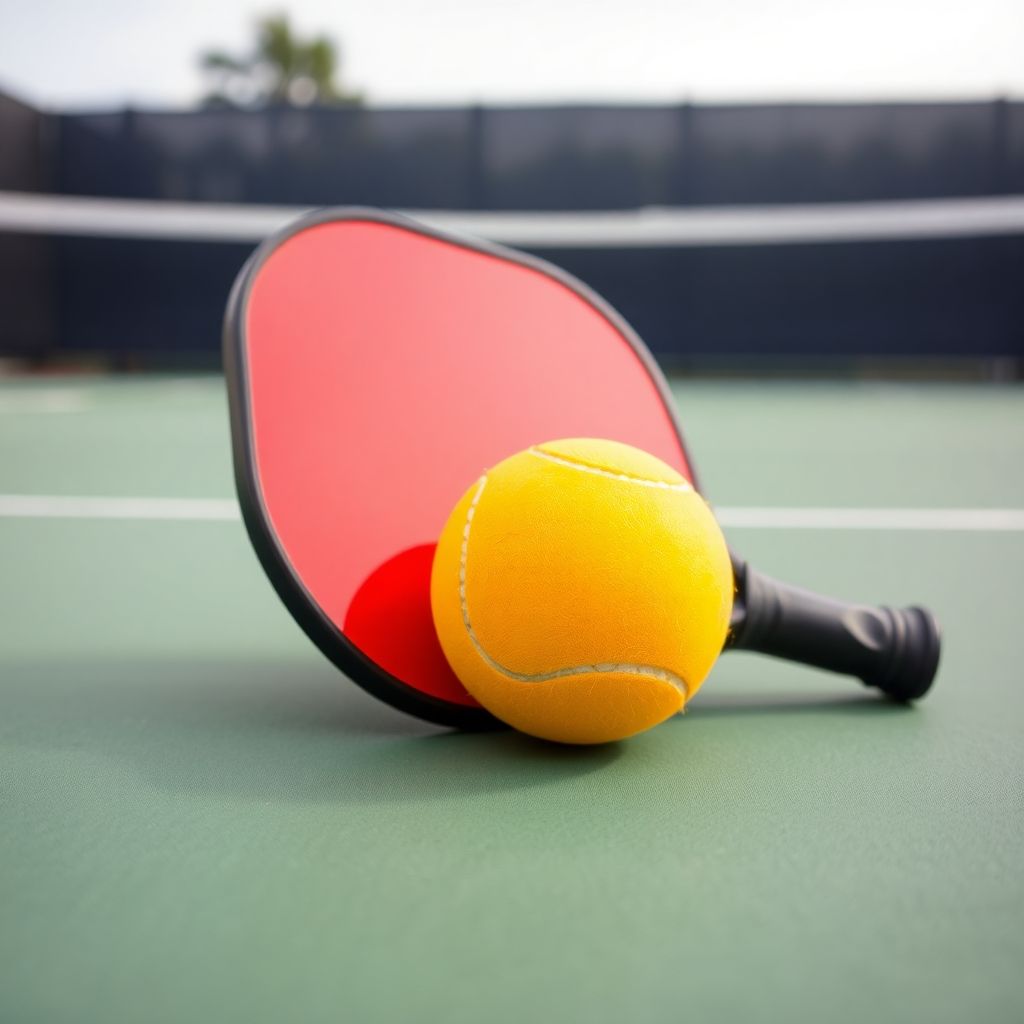 Pickleball paddle and ball on a vibrant court.